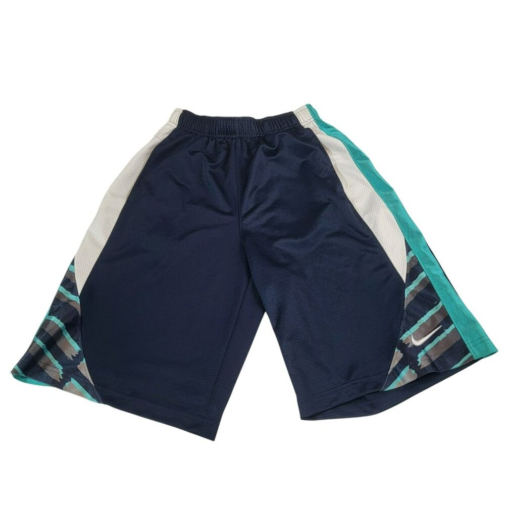 Nike Basketball Shorts, Boys L, Blue w/Green&Gray Accent,10" Inseam,Pockets, EUC
